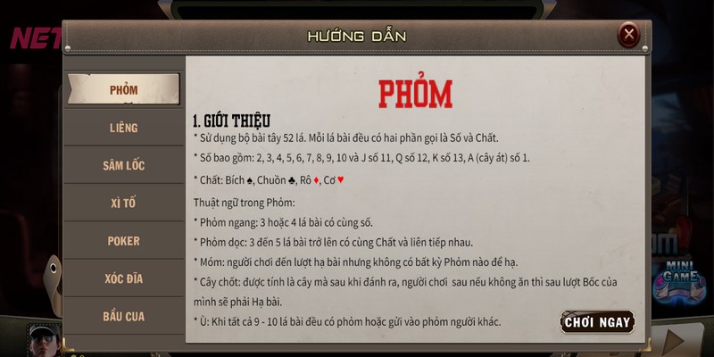 Các thuật ngữ trong chơi bài Phỏm