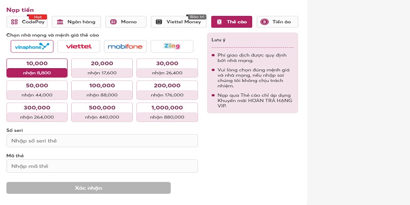 Chọn hình thức thẻ cào phù hợp để nạp tiền vào net88